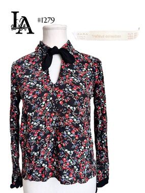 Zara Black Floral Tie-Neck Long Sleeve Blouse